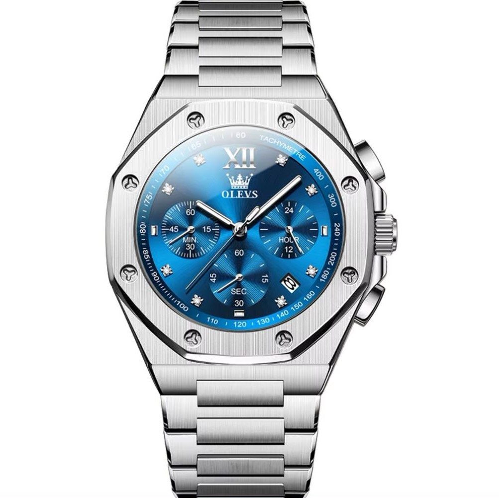 Quarzuhr Olevs 3626 Zifferblatt Blau Chrono Herrenuhr Bullauge 3626
