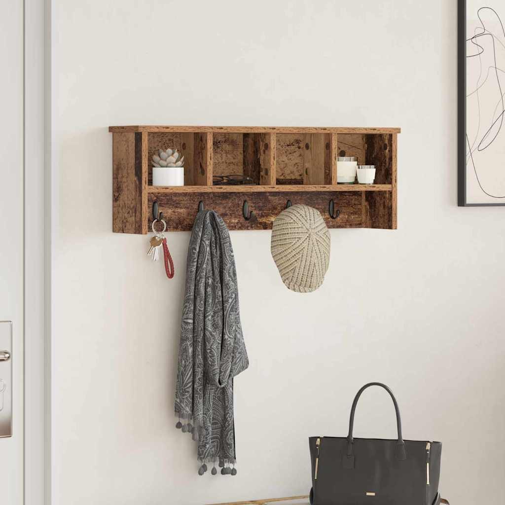 furnicato Garderobenständer Wandgarderobe mit 3 Regalen 75 x 16 x 26 cm Altholz, Garderobenständer mit 3 Regalböden und Haken für den Flurbereich