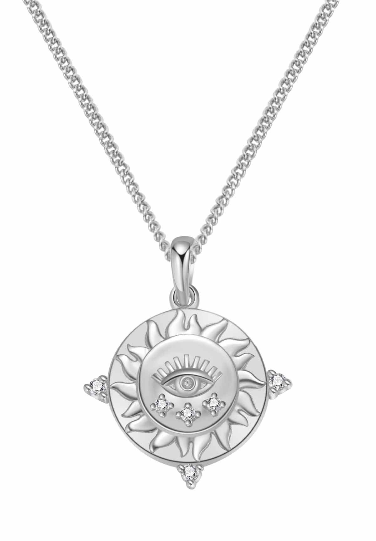 Hey Happiness Kette mit Gravur Protection, Damen Statementkette Silber 925 Nazar Auge mit Bedeutung, Halskette Anhänger Plättchen Sonne Zirkonia, 18K Gold Glücksbringer