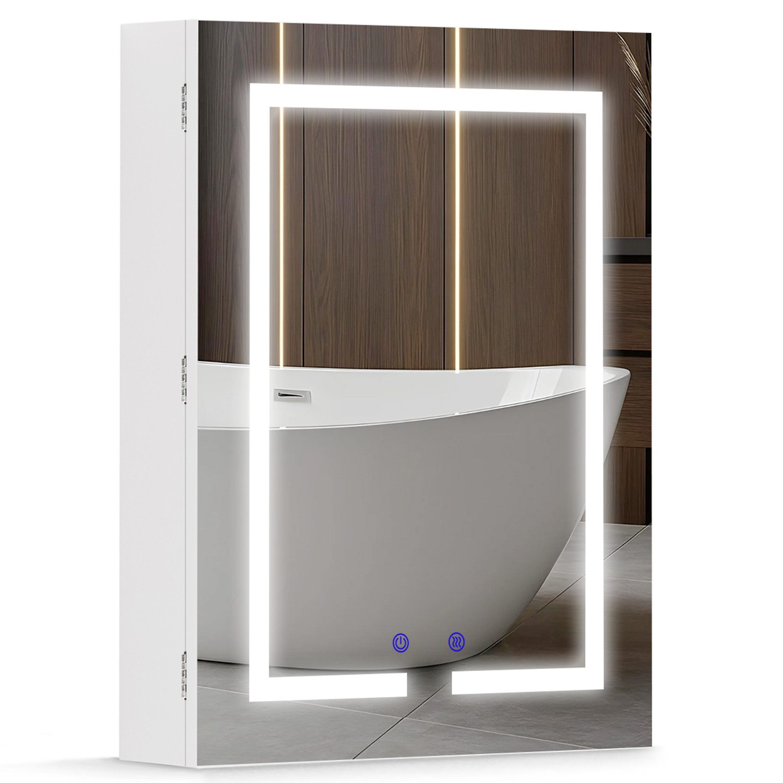 Luxstein Spiegelschrank Bad mit Beleuchtung und Steckdose, Verstellbares Regal, Entfogging-Funktion, Wandmontage