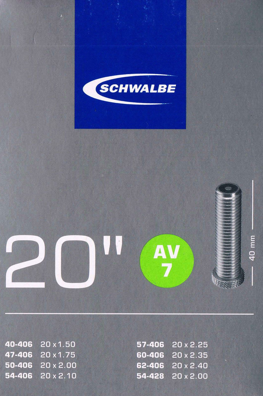 Schwalbe Fahrradschlauch Schwalbe AV 7 Schlauch 20" 406 Ventil: Auto Schrader AV7 Autoventil, 1,50, 1,75, 1,95, 2,00, 2,10, 2,125, 1,80, 2,30, 2,20, 1,60, 2,40, 2,25, 1,90