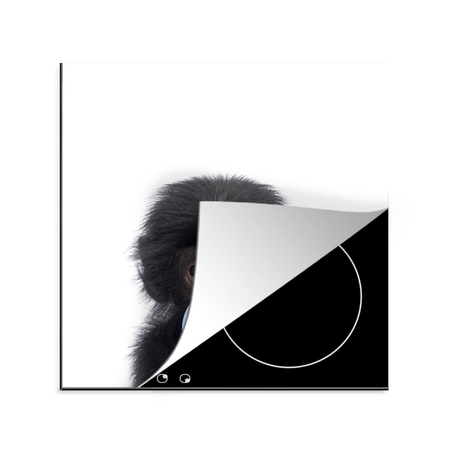 MuchoWow Herdblende-/Abdeckplatte Schimpanse - Junge - Affe - Tiere - Kaugummi - Blau - Kind, Vinyl, (1 tlg), 78x78 cm, Ceranfeldabdeckung, Arbeitsplatte für küche