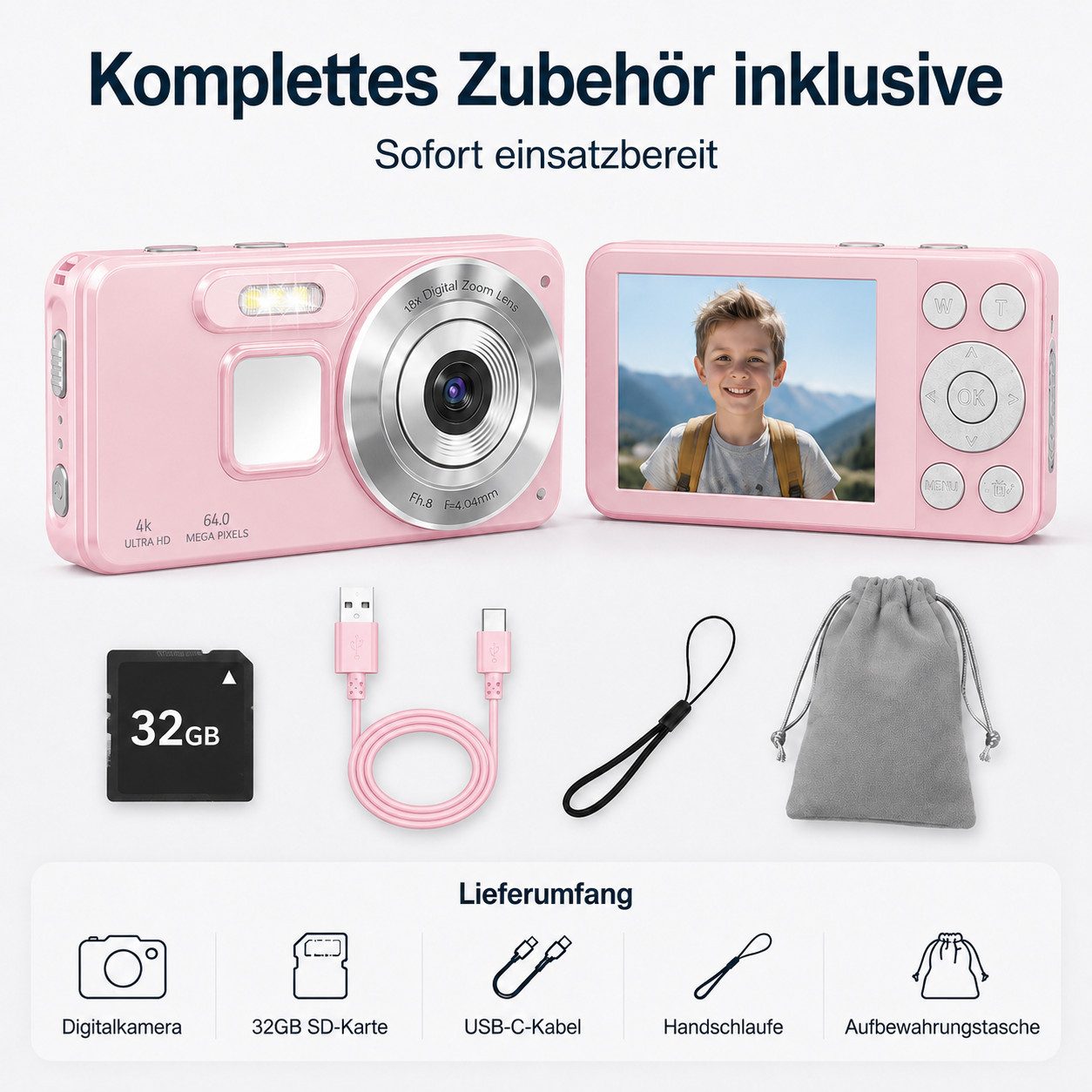 XEOOCE Digitalkamera 4K 64MP 2,8 Zoll LCD 18x Zoom Vlog Kamera Kompaktkamera (64 MP)