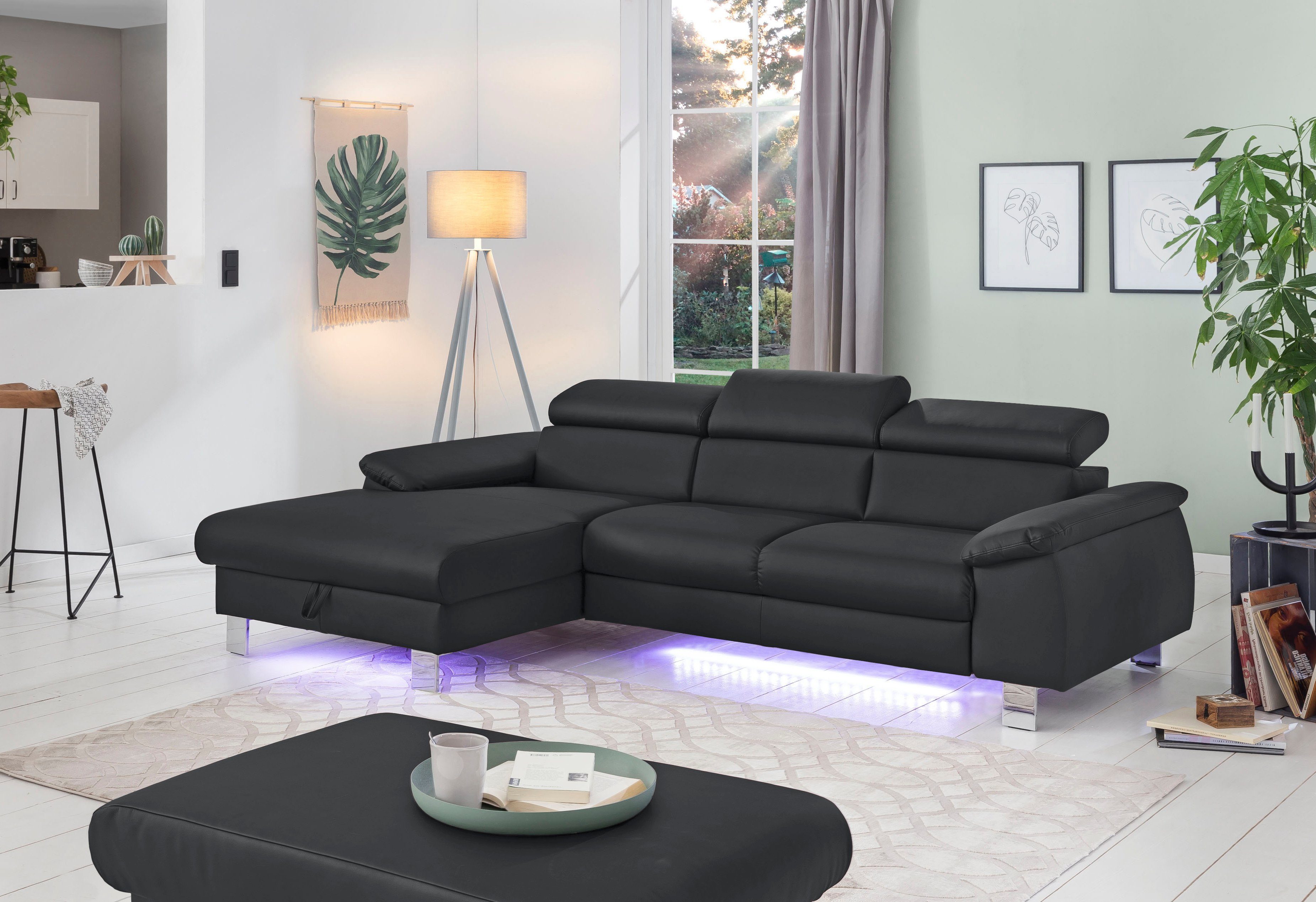 COTTA Ecksofa Komaris L-Form mit Kopfteilverstellung, wahlweise mit Bettfunktion, Bettkasten & Beleuchtung