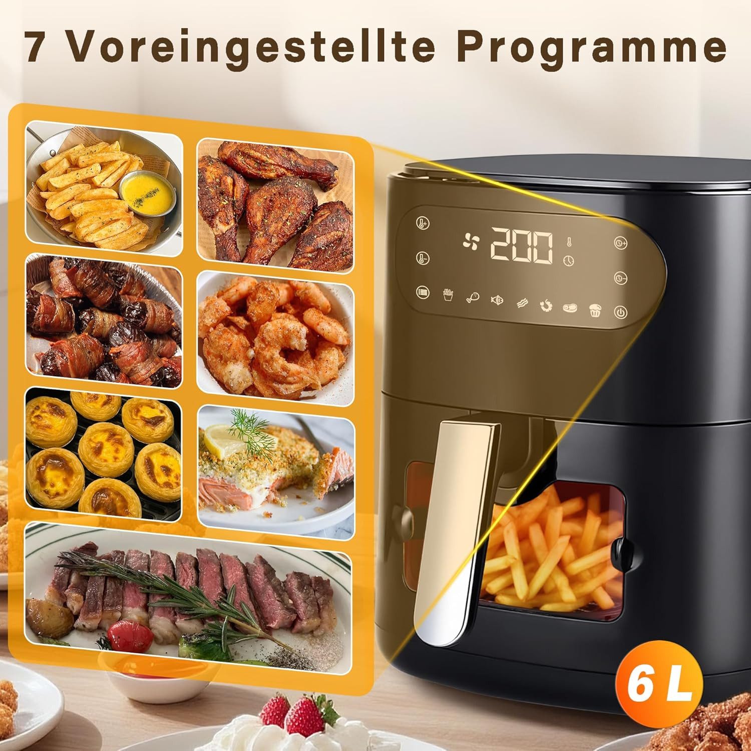 ZMH Heißluftfritteuse 6L Airfryer Einzelkorb Sichtfenster - 7 Garprogramme 11 Funktionen, 1500 W, Temperatur (80–200 °C) und Garzeit (bis zu 60 Minuten)