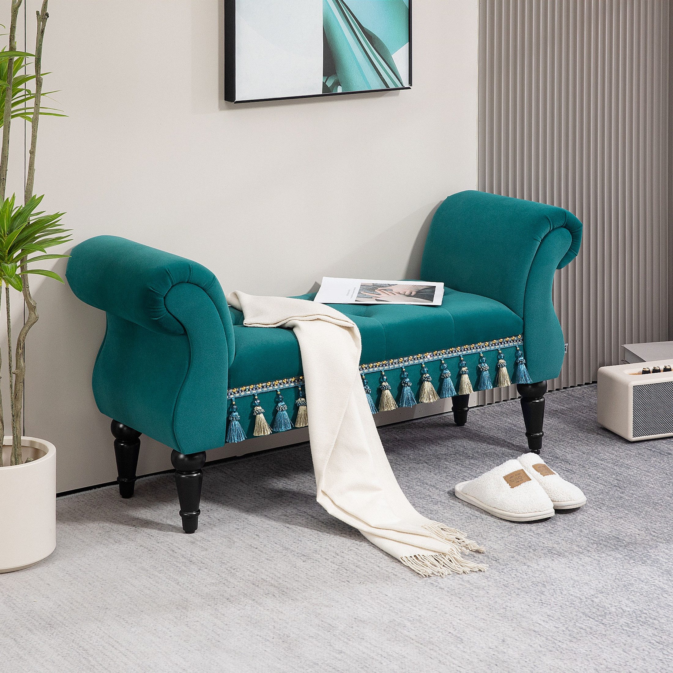 autolock Polsterbank Nachttischhocker Luxus Sitzbank Polsterbank mit Samt Massivholzrahmen (117 x 40 x 58 cm), Schuhwechselbank für Wohnzimmer Schlafzimmer Gruen stilvoll & bequem