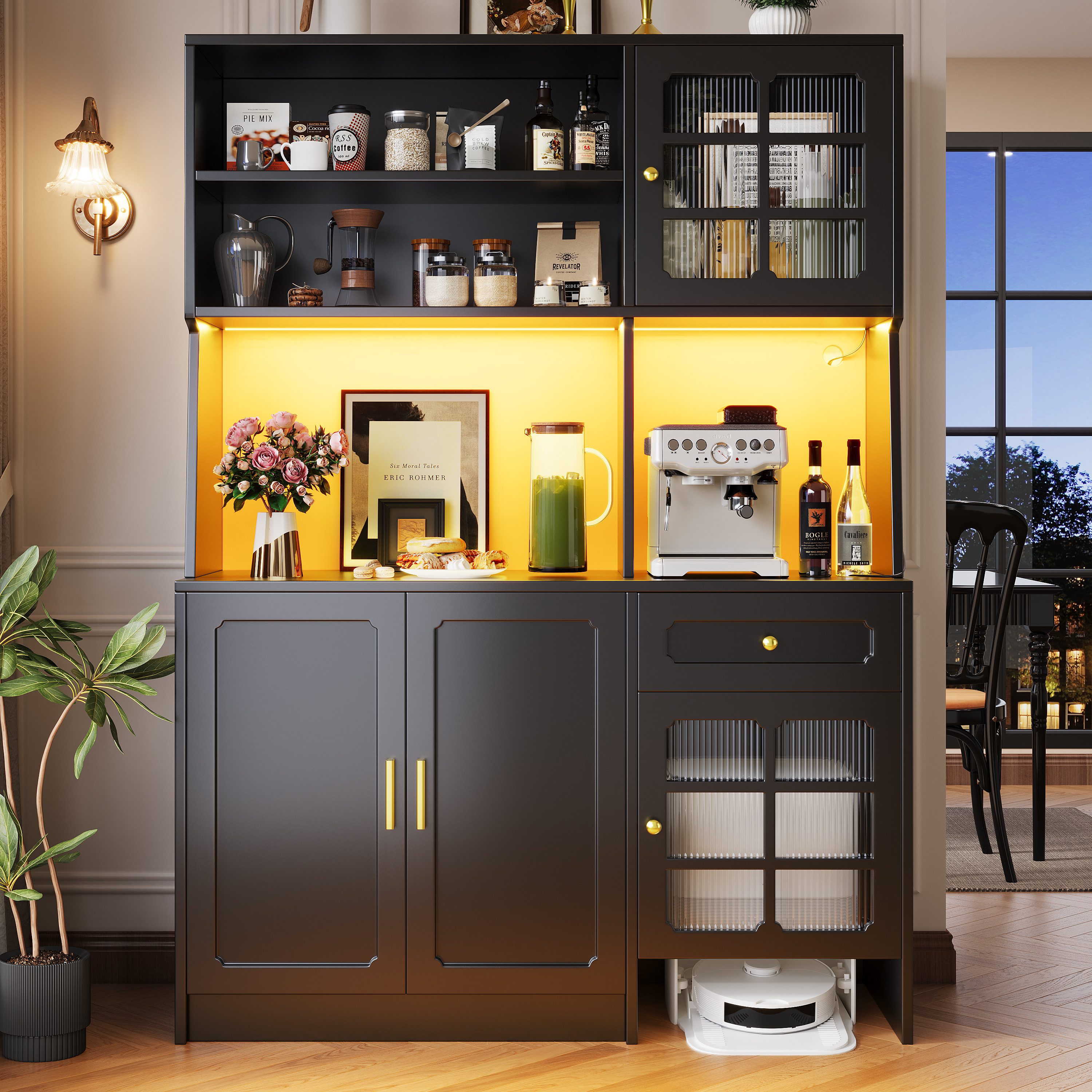 Flieks Küchenbuffet Hochschrank mit LED-Beleuchtung, Schubladen und Glastüren (1-St., B130/T45/H180 cm) Küchenschrank Geschirrschrank Buffetschrank mit Arbeitsp – Bild 3 von 5