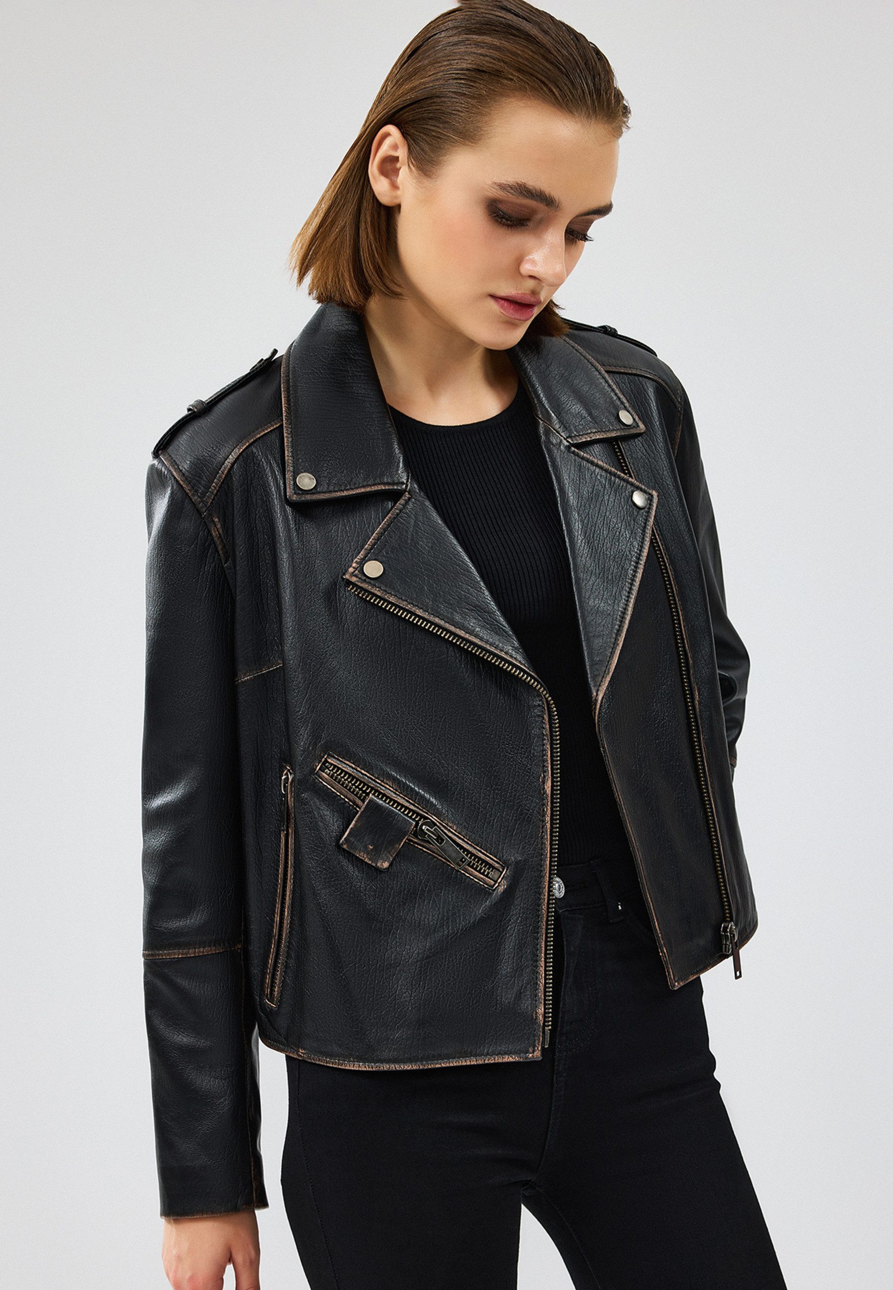 Derimod Lederjacke Oxford Biker-Lederjacke Regular Fit, Reißverschluss, Schalkragen, Kurz, Textilfutter