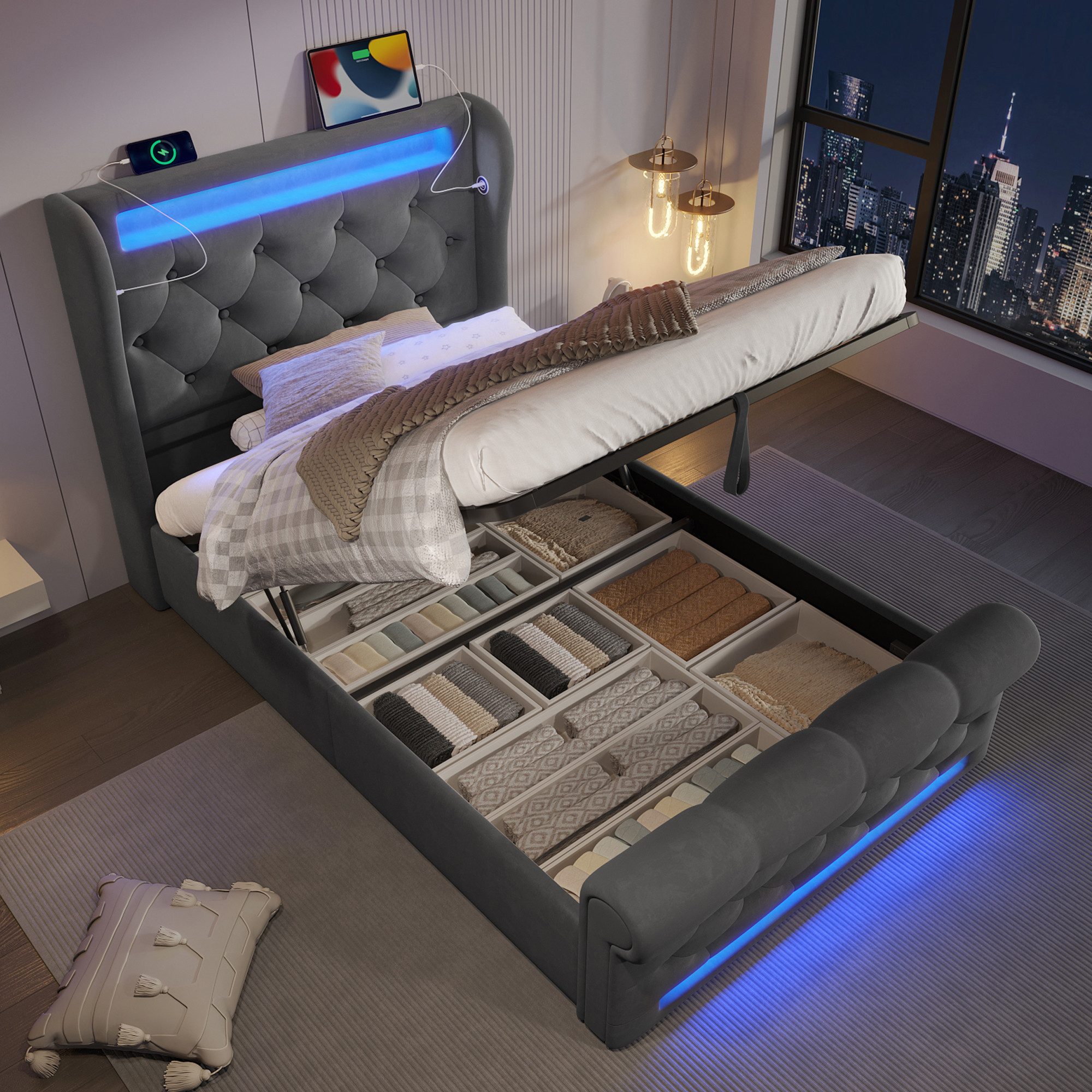 TavilaEcon Boxspringbett LED-Leuchten, Stauraum-Kopfteil mit USB- günstig online kaufen