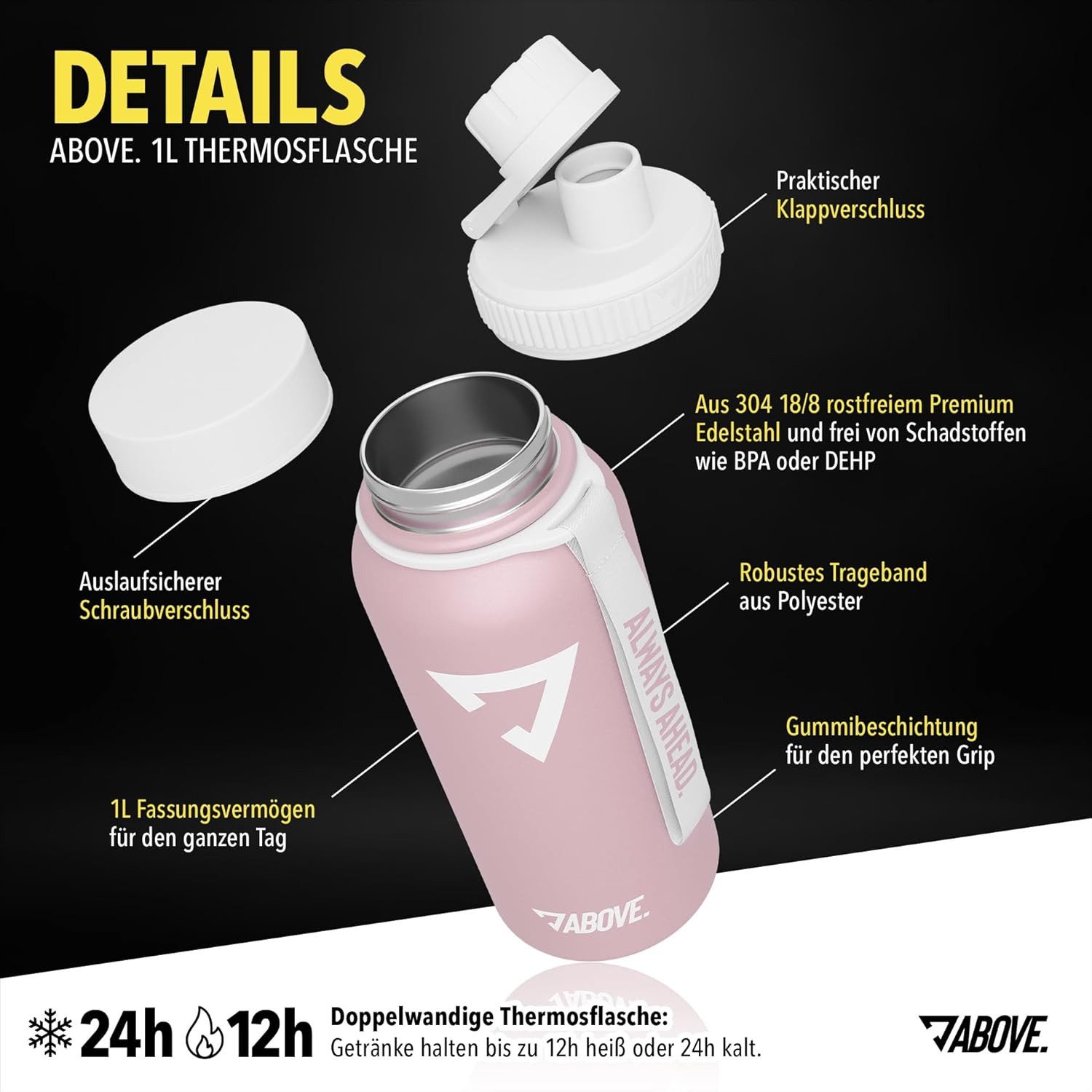 ABOVE. Trinkflasche Edelstahl 1L, Gratis Trinkverschluss, BPA-frei, 12H heiß, 24H kalt, Isolierflasche 1 Liter auslaufsicher & robust Fitness, Sport & Outdoor