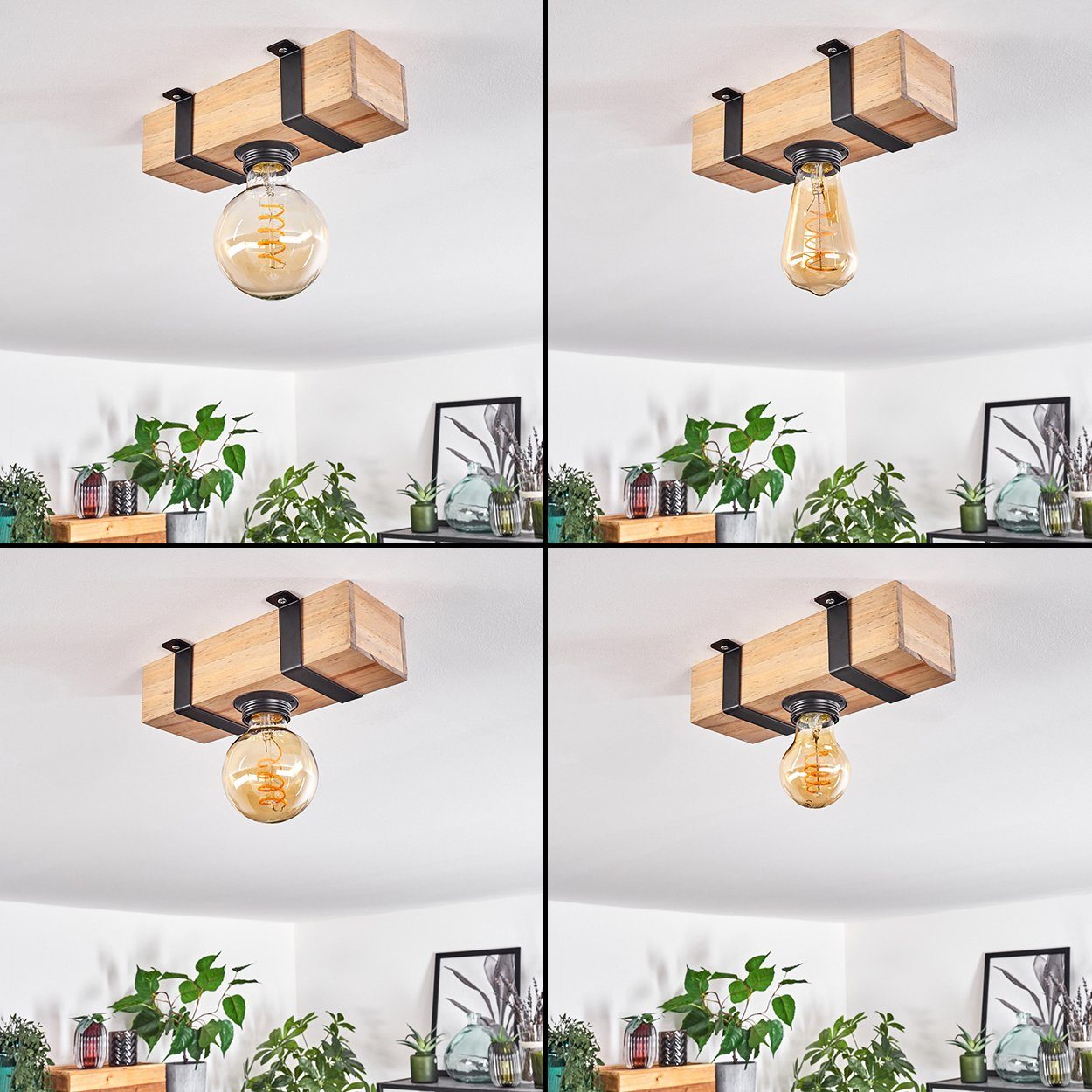 hofstein Deckenleuchte Deckenlampe aus Metall/Holz in Schwarz/Natur, ohne Leuchtmittel, im skandinavischen Design mit Holzbalken, 1 x E27, ohne Leuchtmittel