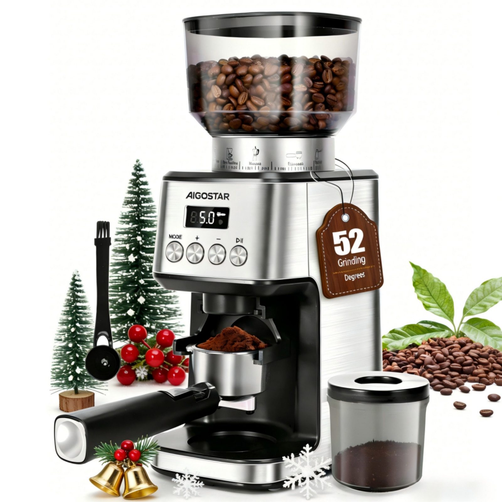 Aigostar Kaffeemühle Kegelmahlwerk Geeignet für Espresso mit 52 Mahleinstellungen, 180,00 W, Kegelmahlwerk, 320,00 g Bohnenbehälter, Antistatisch und verstopfungsfrei, Einfach zu reinigen und zu warten