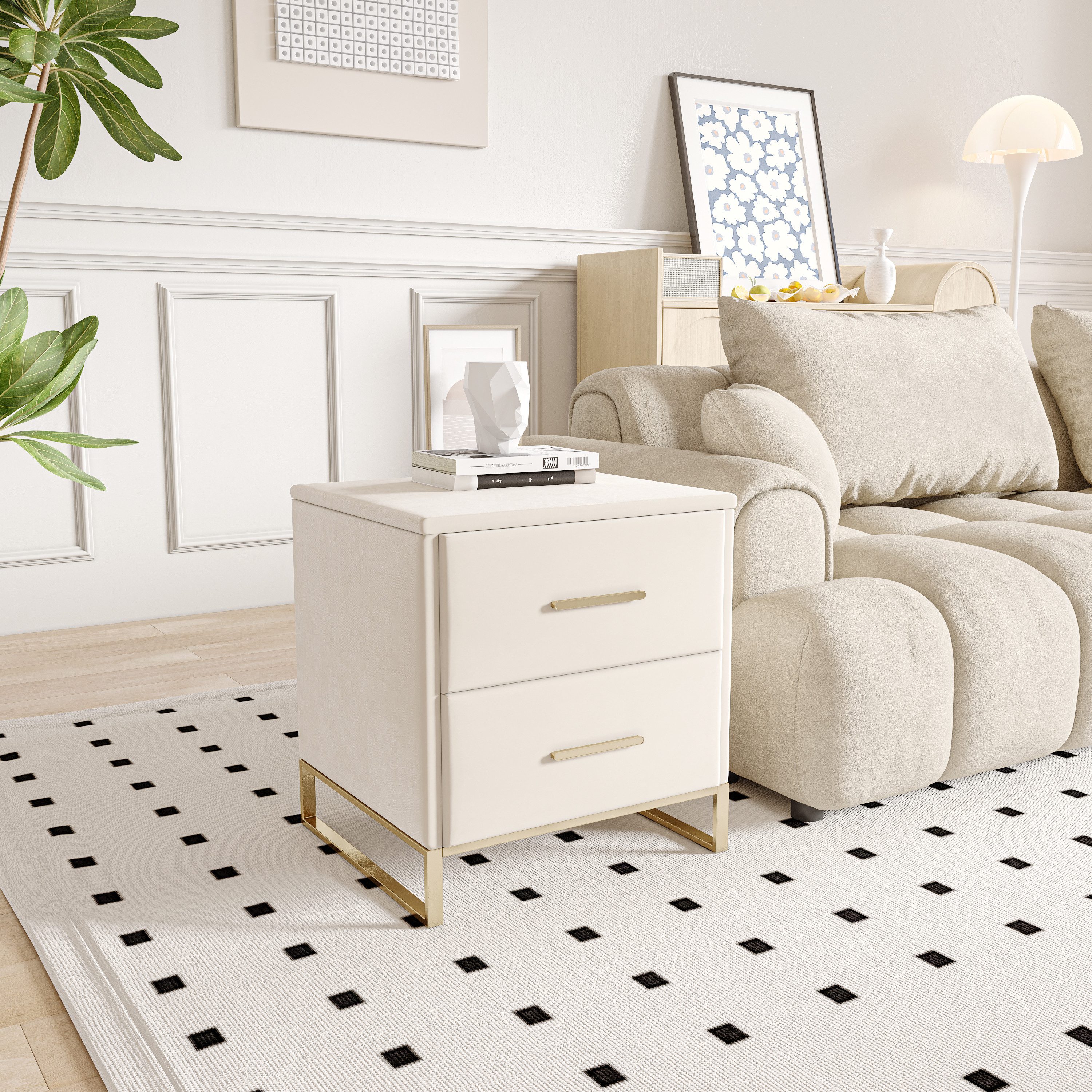 FUROKOY Nachttisch 2er set Nachtschrank mit Schubladen, Beistelltisch mit Metallbeine (Sofatisch Beistelltisch mit 2 Schubladen, Beige Samt), Schubladenschrank  – Bild 4 von 5