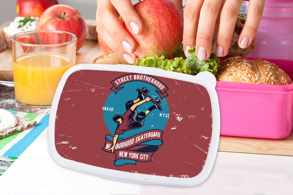 - Kunststoff, Skateboard Kunststoff Brotdose Lunchbox rosa Zitat, - Retro Kinder, MuchoWow - Snackbox, (2-tlg), Mann Erwachsene, Brotbox Mädchen, für