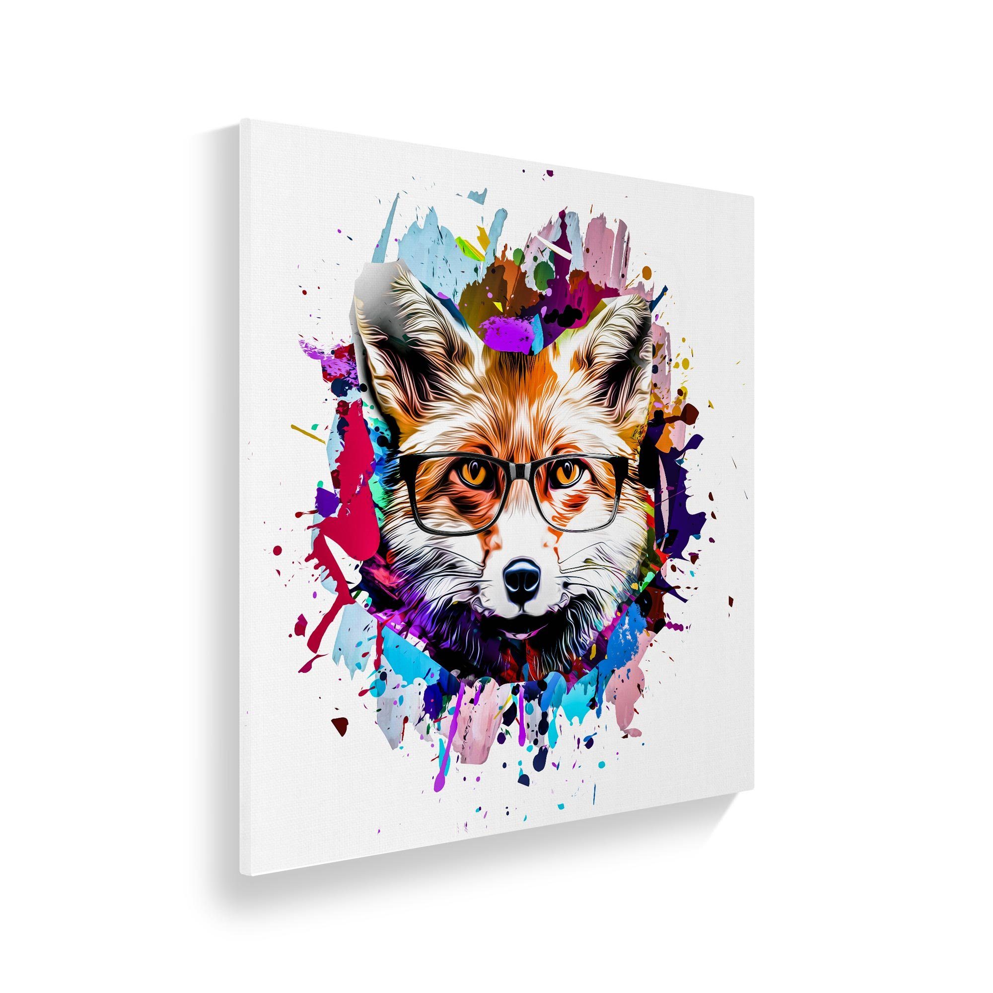 WallSpirit Leinwandbild "Fuchs mit Brille" - buntes Graffiti - Modern Art - Wandbild, Leinwandbild geeignet für alle Wohnbereiche