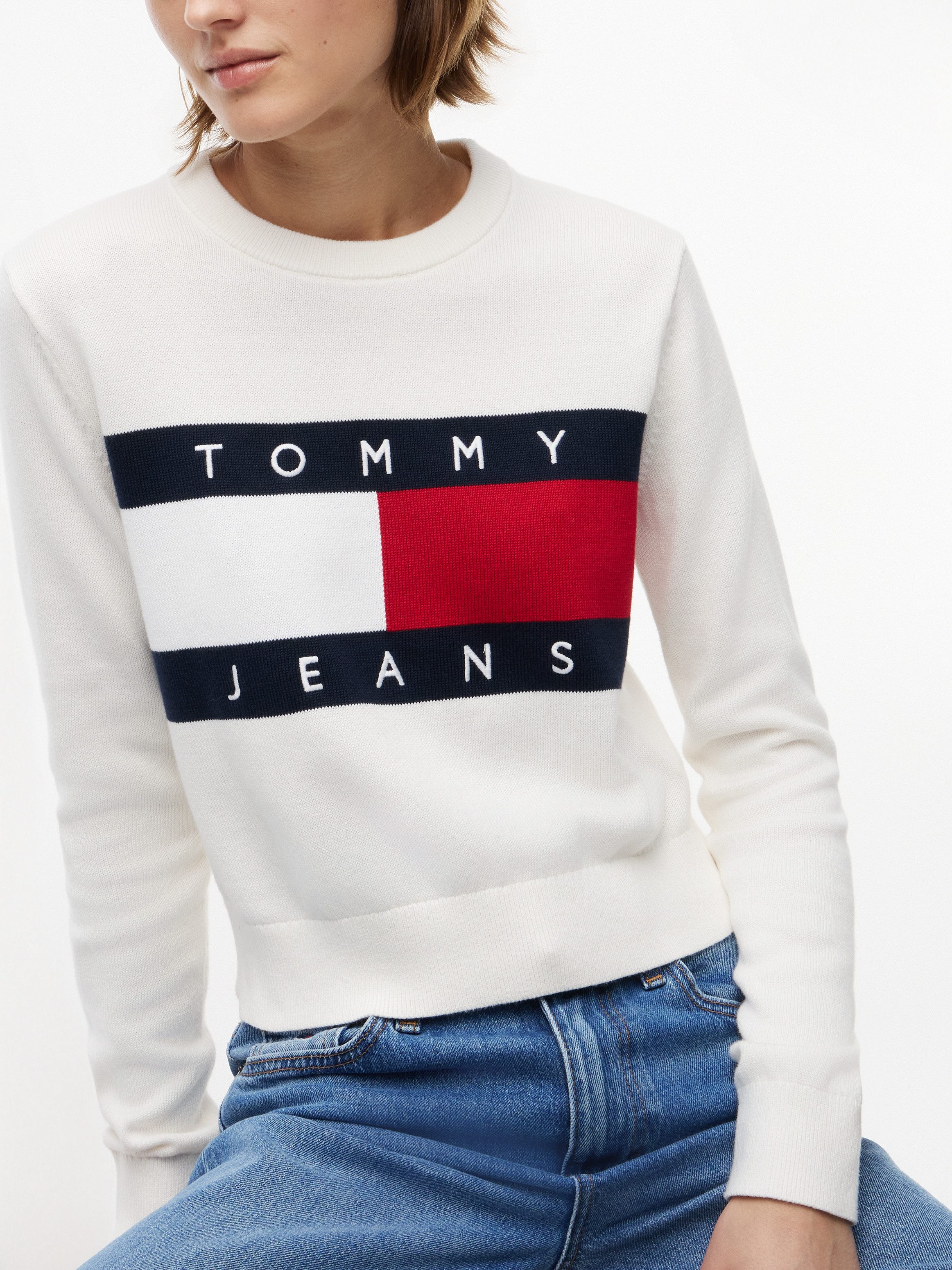 Tommy Jeans Rundhalspullover TJW FLAG CREW NECK SWEATER EXT Baumwolle, Flag Strickmuster