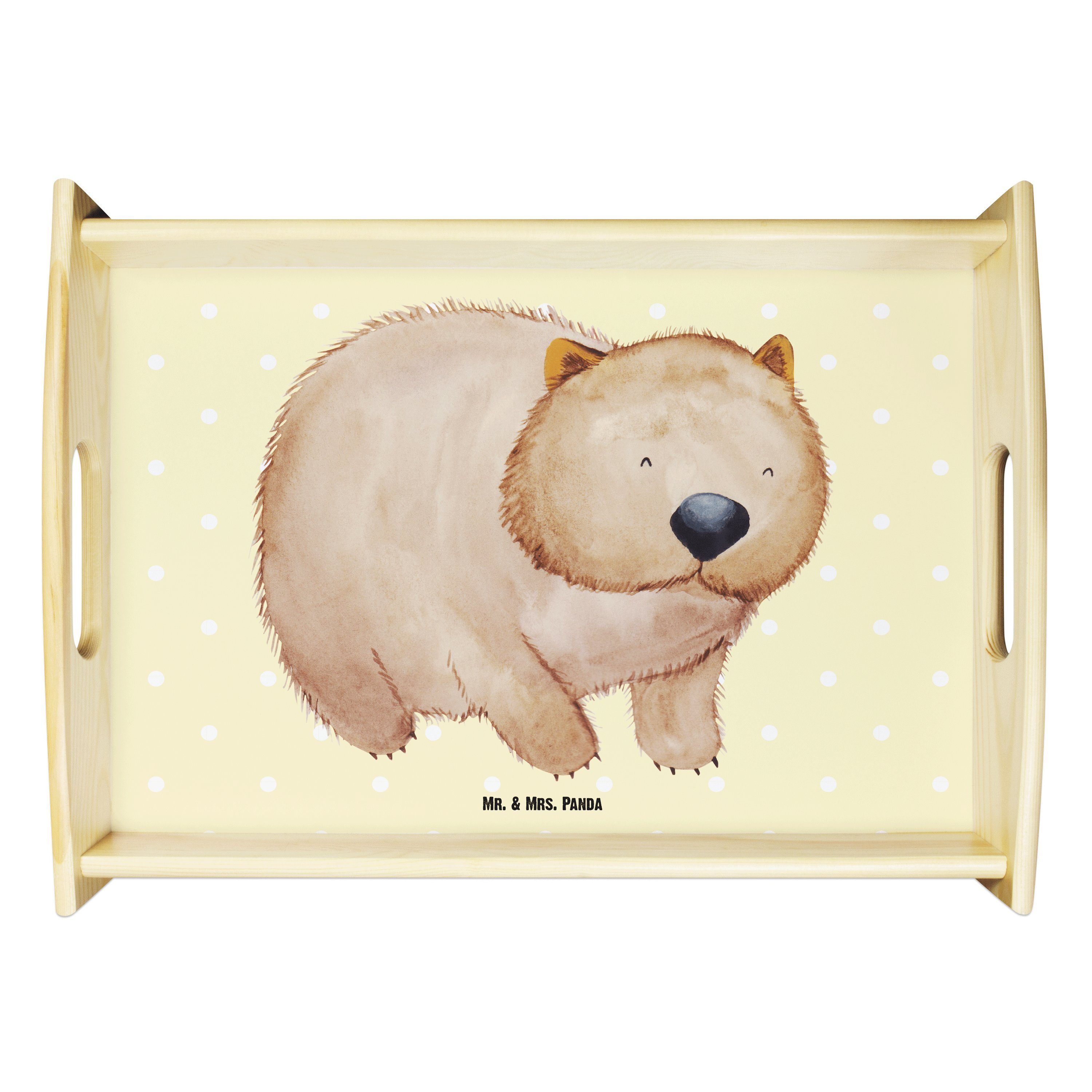 Mr. & Mrs. Panda Tablett Wombat - Gelb Pastell - Geschenk, Spruch, Frühstückstablett, Dekotabl, Echtholz lasiert, (1-tlg)