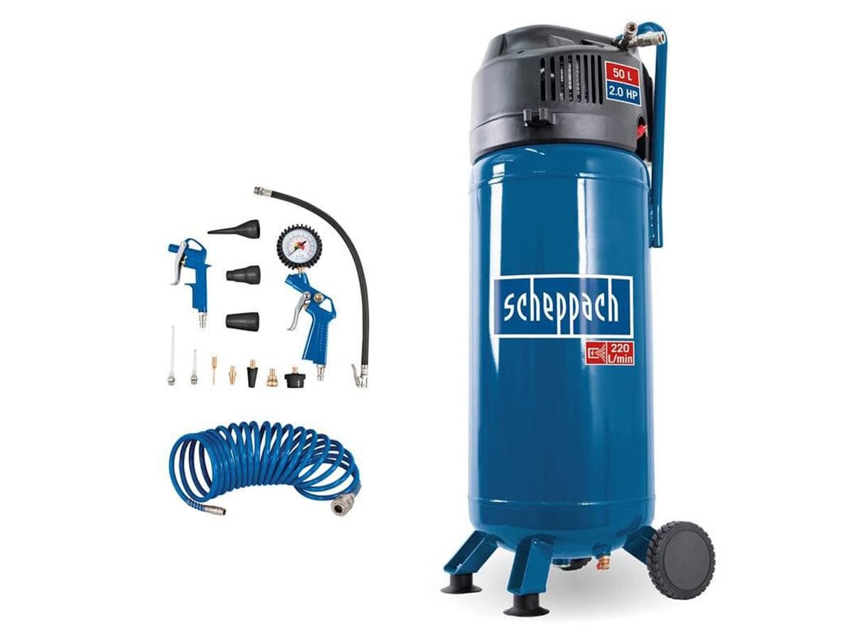 Scheppach Kompressor HC51V, 1500 W, max. 10 bar, 50 l, Set, 15-tlg., mit 8m Spiralschlauch, platzsparend durch schmale und hohe Bauweise