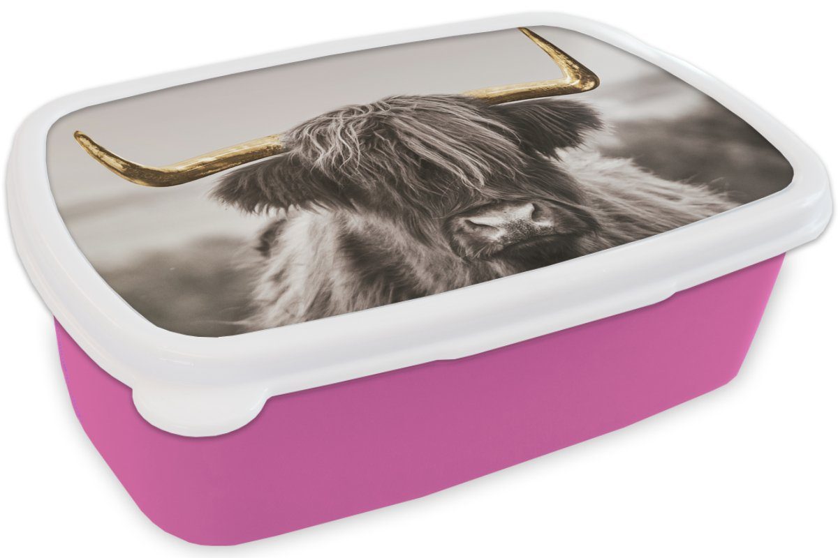 MuchoWow Lunchbox Schottischer Highlander - Brotdose Kinder, (2-tlg), Schwarz Kunststoff, Mädchen, Kunststoff Snackbox, - Gold Brotbox Erwachsene, rosa - für Weiß