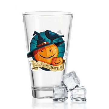 GRAVURZEILE Glas Wasserglas mit UV-Druck - Happy Halloween Kürbis Design, Glas, Stilvolle Halloween Dekoration - Kürbis mit Hexenhut