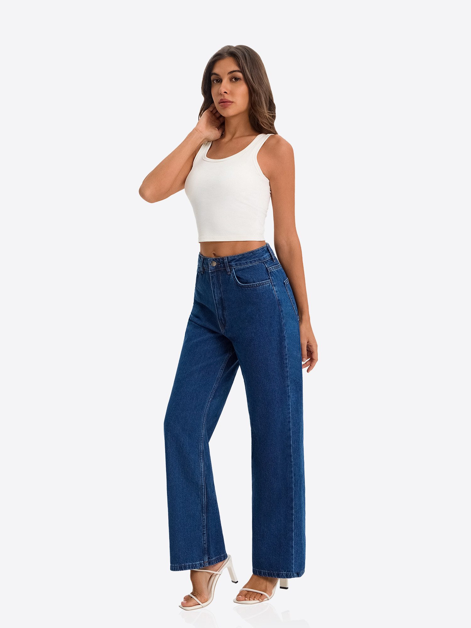 Imily Bela Gerade Jeans Damen High-Waist ausgestellt Jeans aus Baumwolle Denim (Packung, 1-tlg., 1per-Pack) 4-Pocket Style in Unifarbe