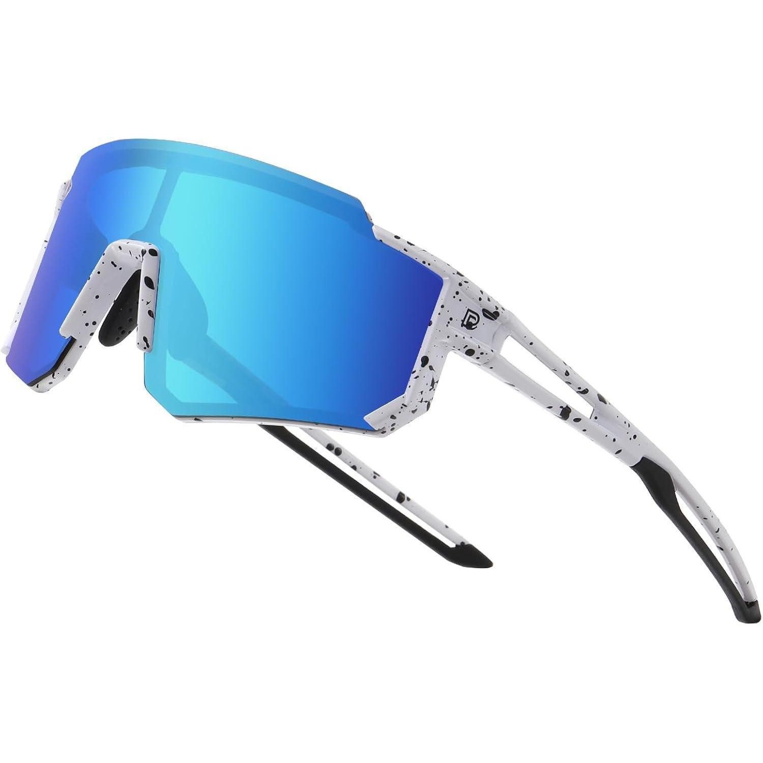 LuxusKollektion Fahrradbrille Sonnenbrille Weiß Schwarz Rahmen Schwarz Temple Revo Blau Linse