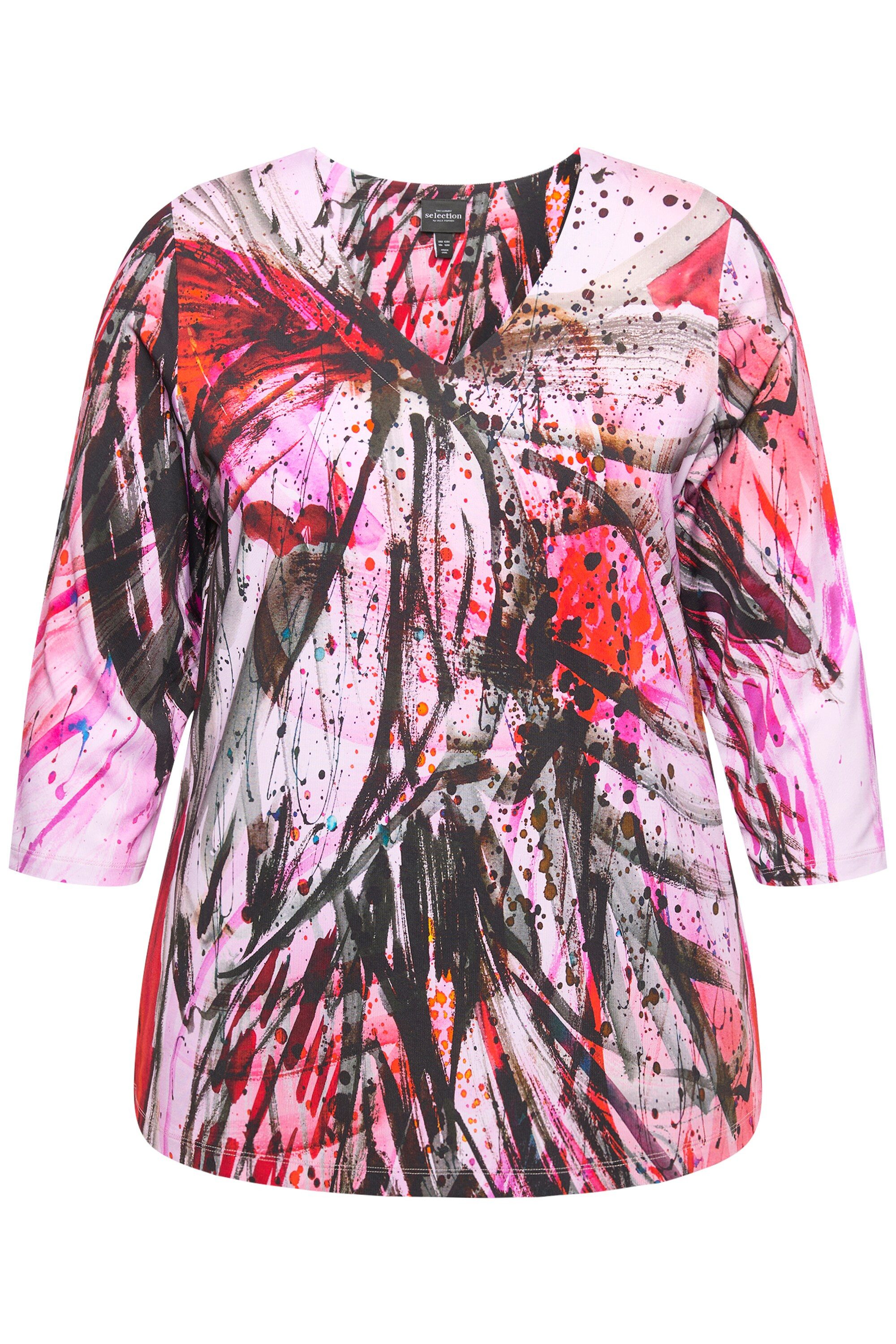 Ulla Popken T-Shirt Slinky-Longshirt abstrakter Druck V-Ausschnitt günstig online kaufen