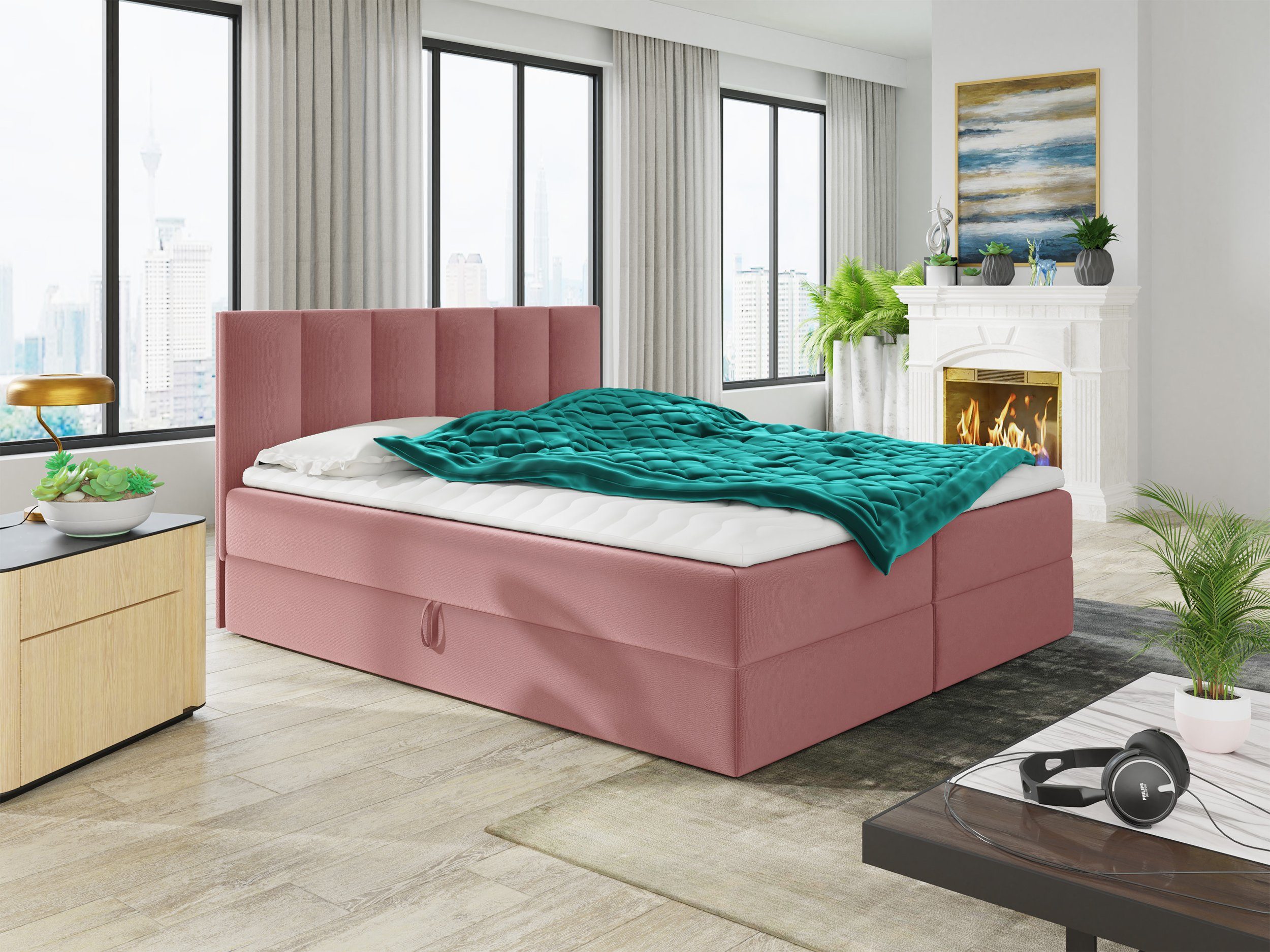 Sofnet Boxbett Star (mit zwei Bettkästen, Bonell-Matratze und Topper), Doppelbett, Polsterbett mit Kopfteil, Boxspringbett