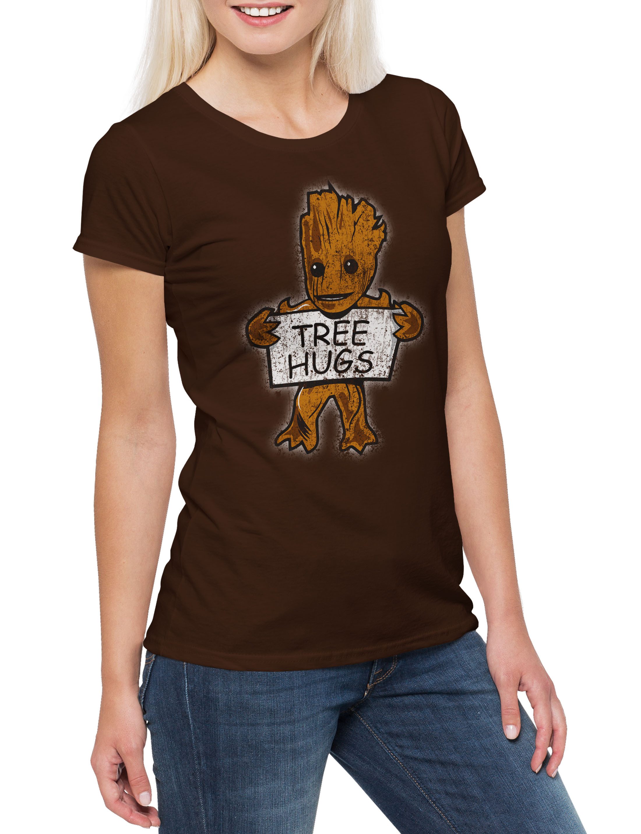 Print-Shirt Tree Hugs Damen T-Shirt Guardians Fun Movie Comic Groot Baby Tree Baum