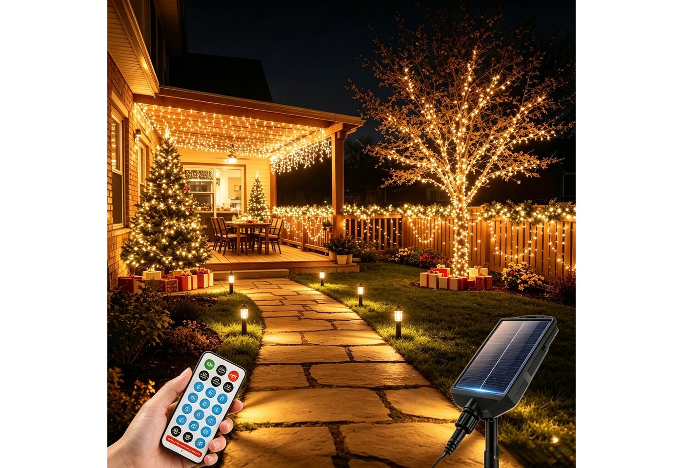 Salcar LED Solarleuchte LED Solar Lichterkette Außen 2cm LED-Abstand Solar Gartenleuchte, 11,1m 560er LED 13 Modi mit Fernbedienung Warmweiß Wasserdichte