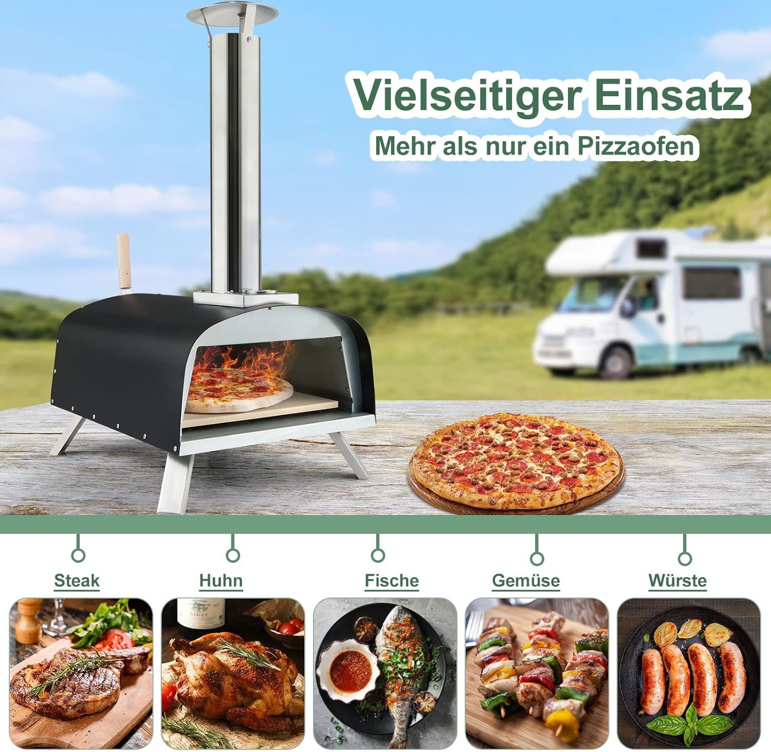 KOMFOTTEU Pizzaofen Holzofen mit 33 cm Pizzastein, für Garten Camping Familien Party