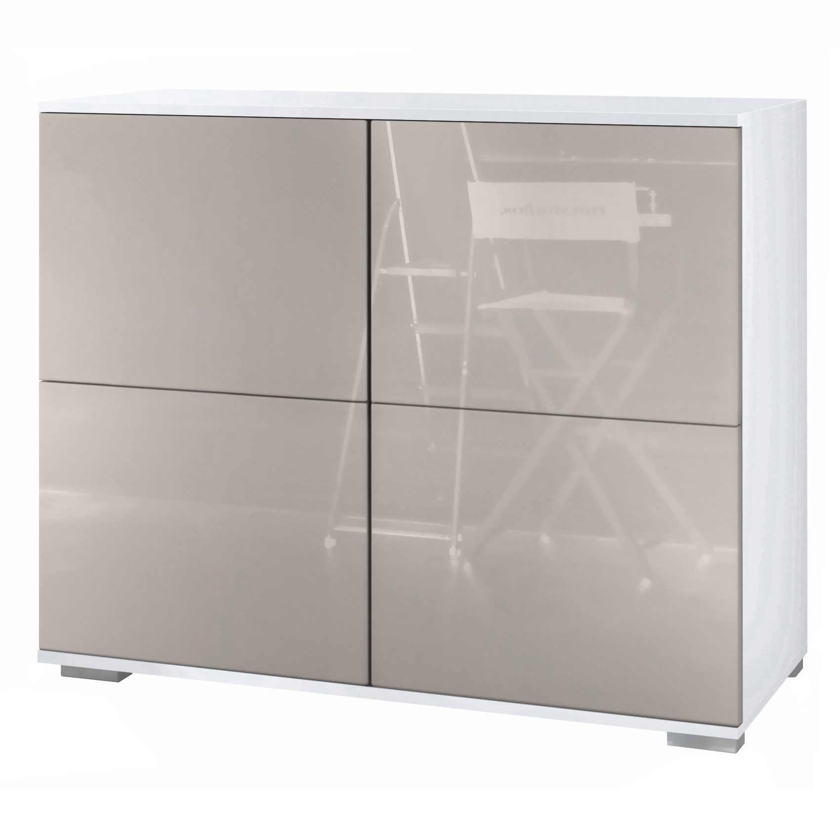 Vladon Kommode Rova V3 (Moderner Küchenschrank, mit 4 Push-to-Open Türen), Weiß matt / Sandgrau Hochglanz (92,5 x 75.5 x 35)