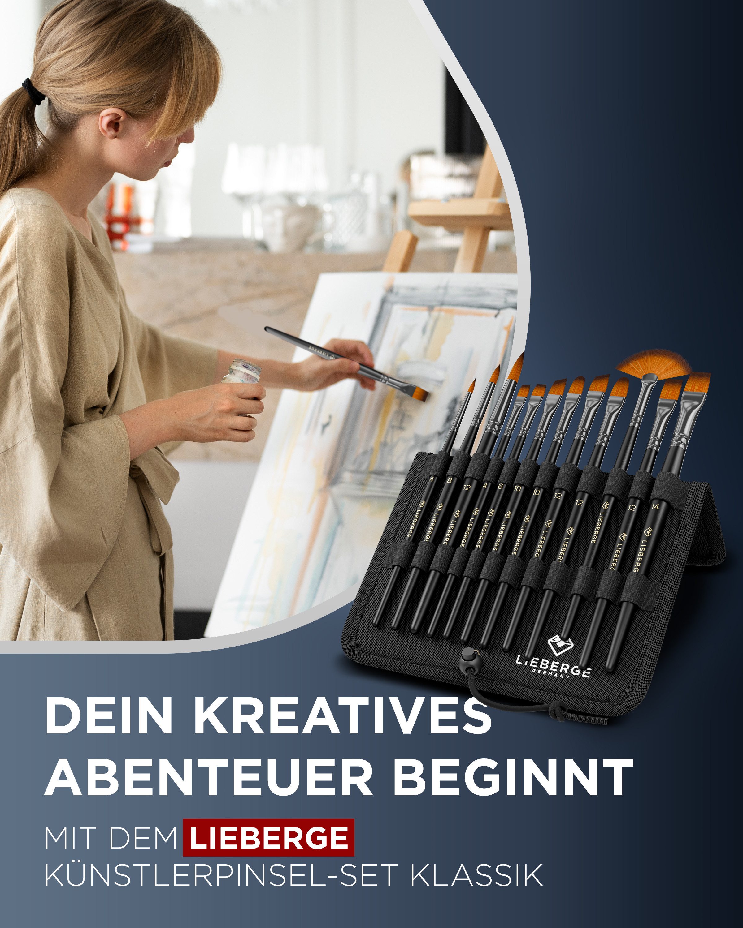 LIEBERGE Malpinsel Premium Set – 12 Pinsel für Acryl, Aquarell, Öl, inkl. Präsenter, (Set, 12 St., Pinselpräsenter, Flachpinsel, Fächerpinsel, Rundpinsel, Schrägpinsel), Synthetikhaar, vegan, langlabig, hohe Farbaufnahme, Anfänger, Profis
