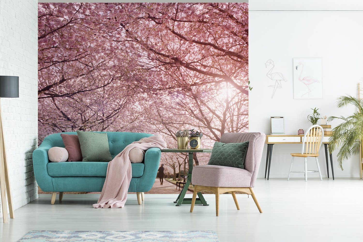 Sakura-Bäume Wandtapete Tag, bedruckt, (5 Matt, St), Fototapete an einem Tapete MuchoWow Vinyl für Montagefertig klaren Wohnzimmer,