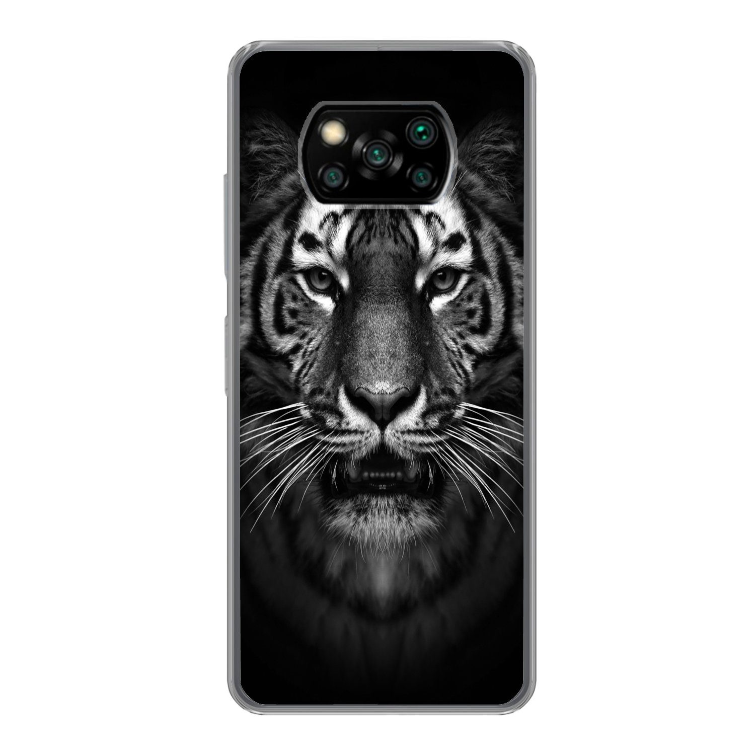 MuchoWow Handyhülle für Xiaomi Poco X3 Pro Tiger - Tiere - Schwarz - Weiß - Porträt - Wild, Phone Case, Silikon, Schutzhülle Dünn