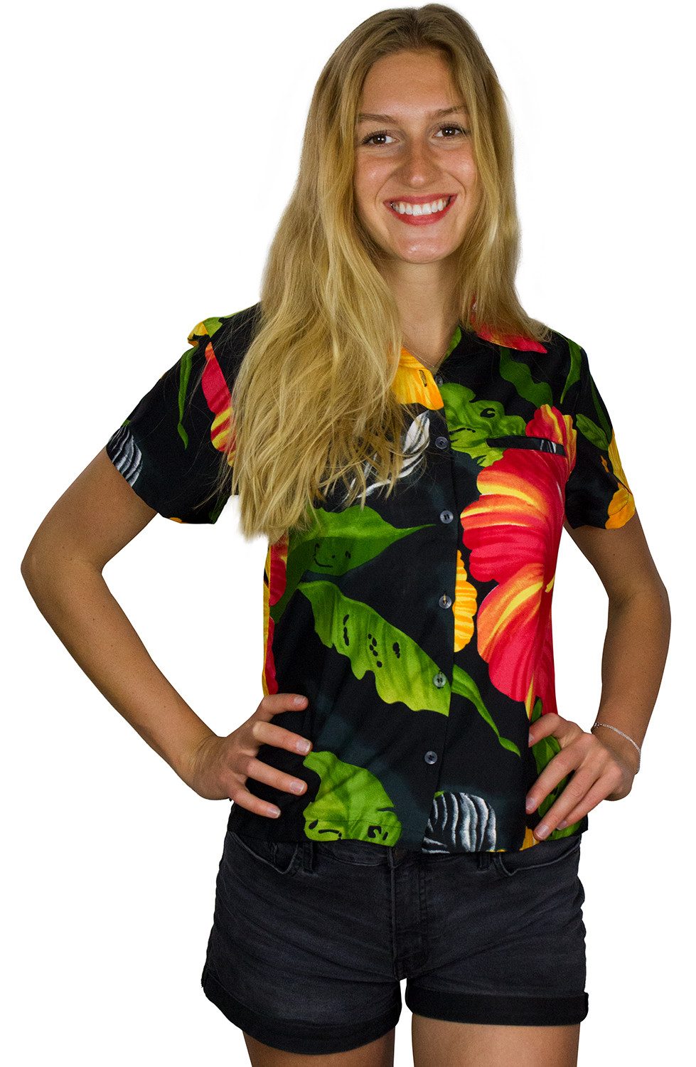 King Kameha Hawaiihemd Big Flower Funky Hawaiibluse Damen Kurzarm Front-Tasche Stylish