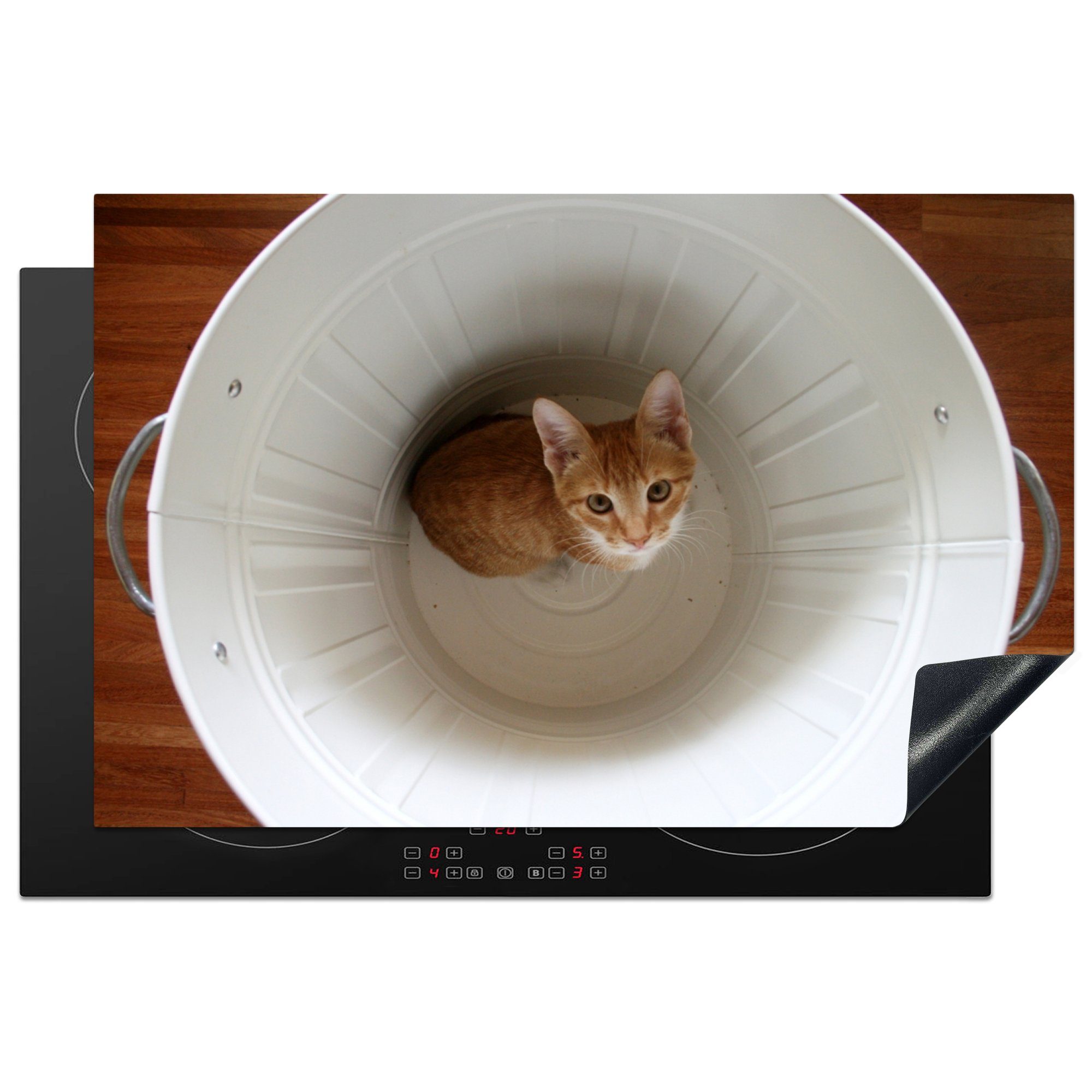 MuchoWow Herdblende-/Abdeckplatte Katze - Mülleimer - Weiß, Vinyl, (1 tlg), 81x52 cm, Induktionskochfeld Schutz für die küche, Ceranfeldabdeckung