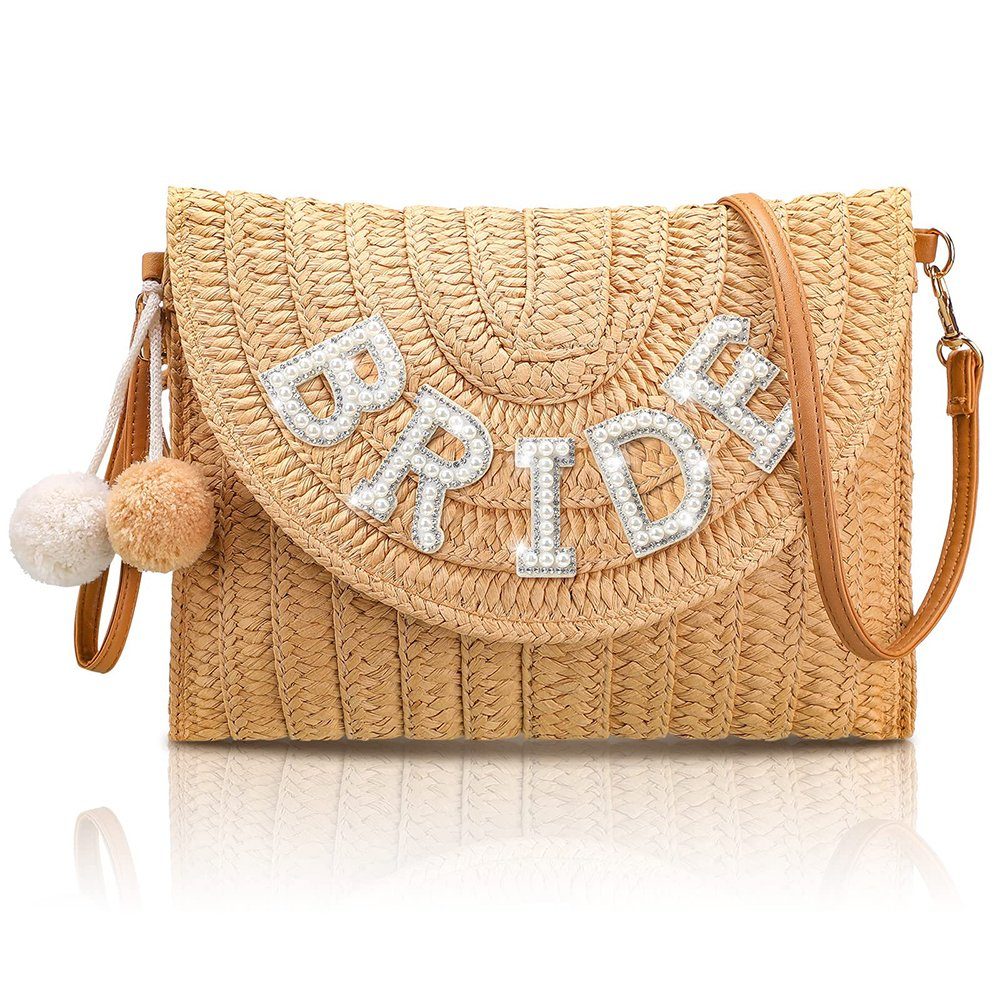 GelldG Geldbörse Straw Shoulder khaki(Stil1) Bag Woven Wallet Pearl Envelope Purse Rhinestone
