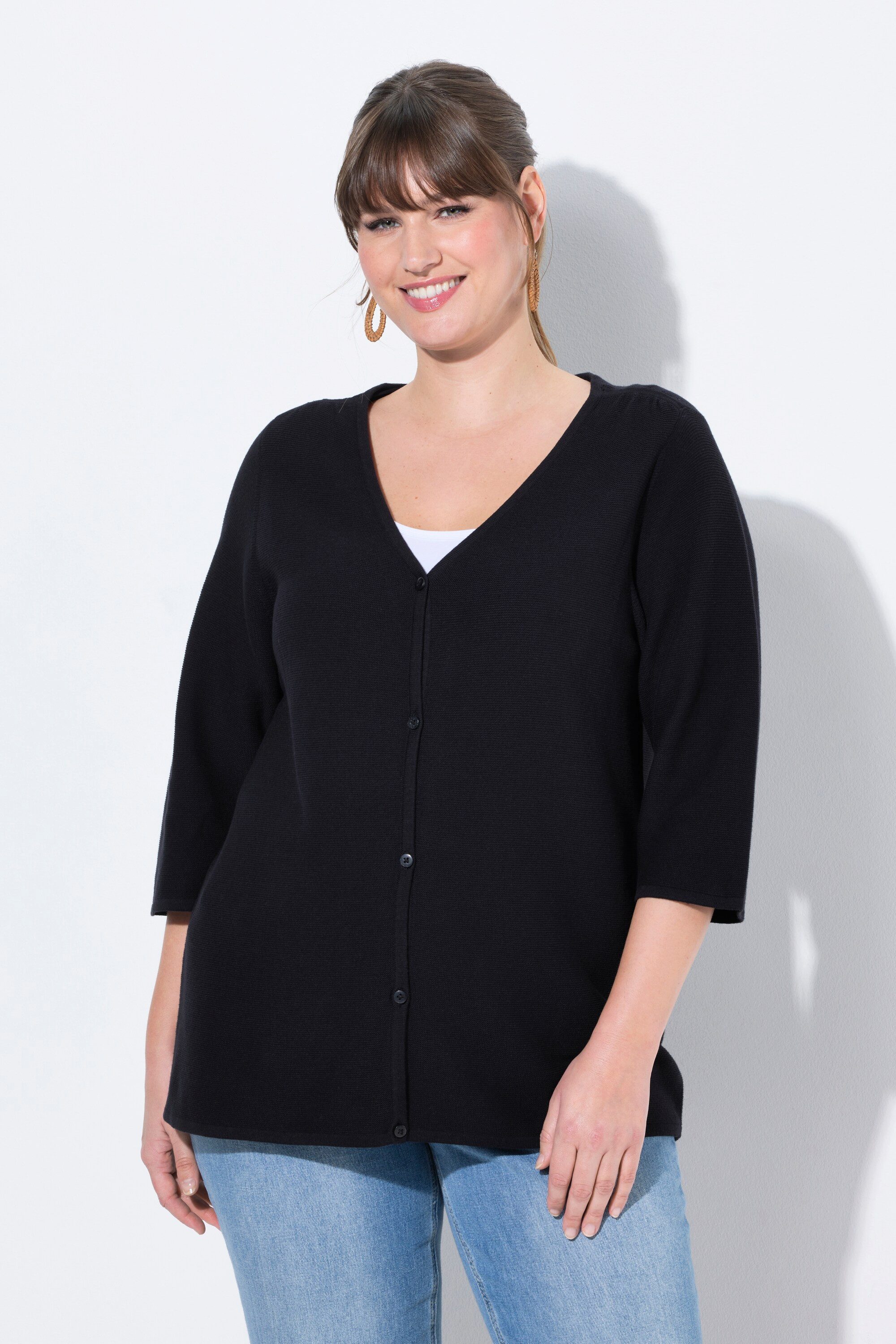 Ulla Popken Strickjacke Strickjacke V-Ausschnitt 3/4-Arm günstig online kaufen