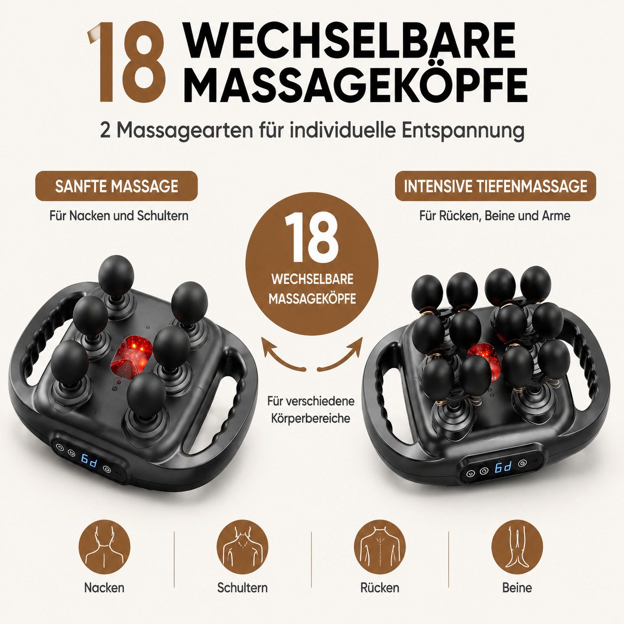 Forrlite Massagegerät Massagegerät, 2-in-1-Nacken-Schulter-Rücken-Massagegerät, 18 Massageköpfen, Muskelmassagegerät mit 9 Intensitätsstufen,9 modi, Geschenk,elektrische Massagepistole