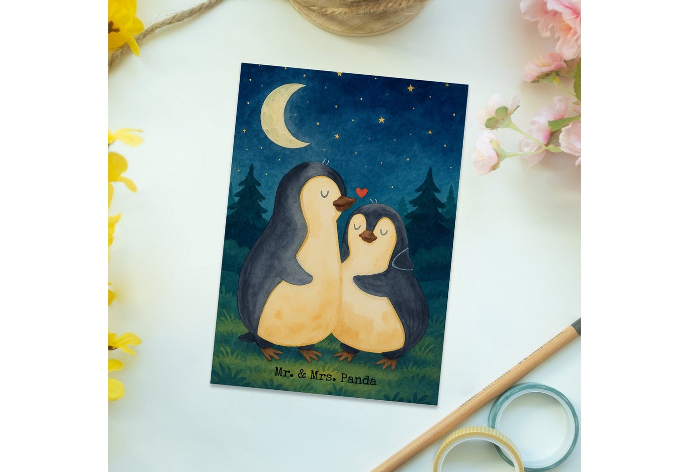 Thumbnail - Mr. & Mrs. Panda Postkarte Pinguine Einschlafen Design - Weiß - Geschenk, Postkarte, Ehemann, Li, Glänzende Vorderseite