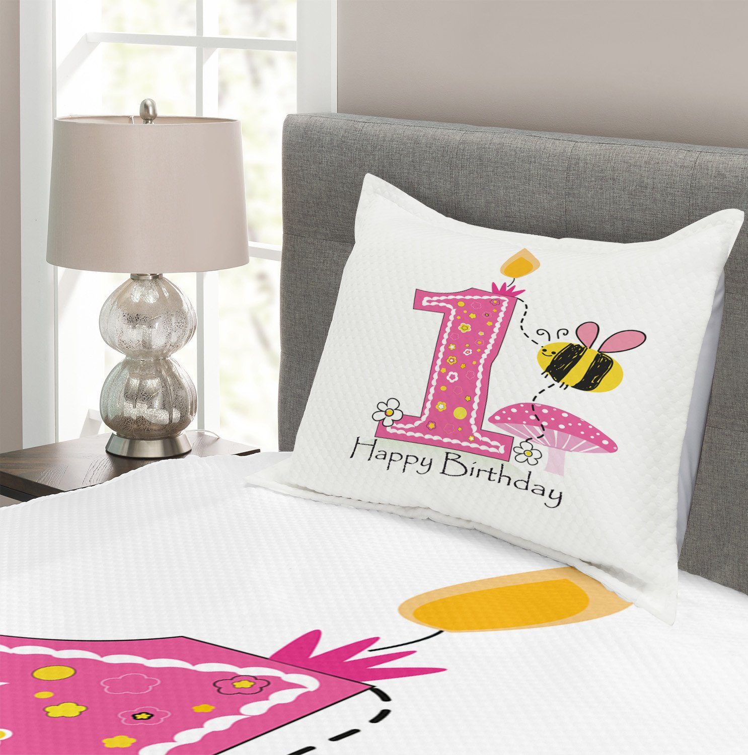 Bienen-Party-Kuchen-Kerze Tagesdecke Kissenbezügen mit Waschbar, Set Abakuhaus, Karikatur