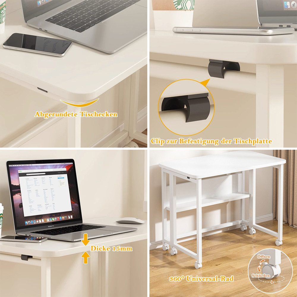 AFKSMILE Schreibtisch Schreibtisch Klappbar, Computertisch mit Rollen Regal, Beistelltisch, Platzsparender Klappschreibtisch für Homeoffice Arbeitszimmer, Weiß