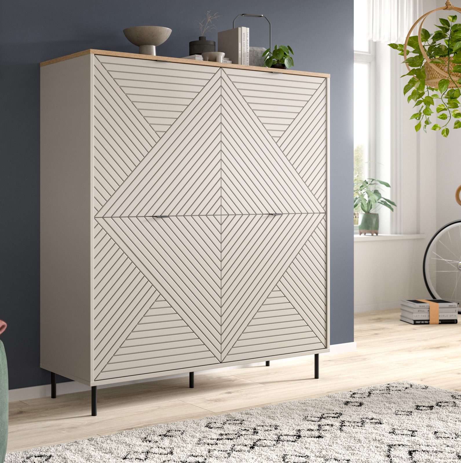 Furn.Design Highboard Bente (Hochkommode in Kaschmir / Sand und Eiche, 4-türig, 124 x 135 cm), mit viel Stauraum