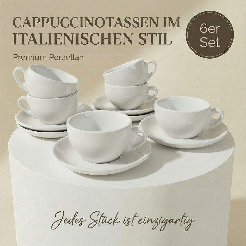 MUVELL Cappuccinotasse 6er Cappuccino-Set "VERONA" Tasse 200ml + Untertasse, weiß, 6-tlg., Keramik, 200 ml Weiß mit weißen Rand und Innenfläche