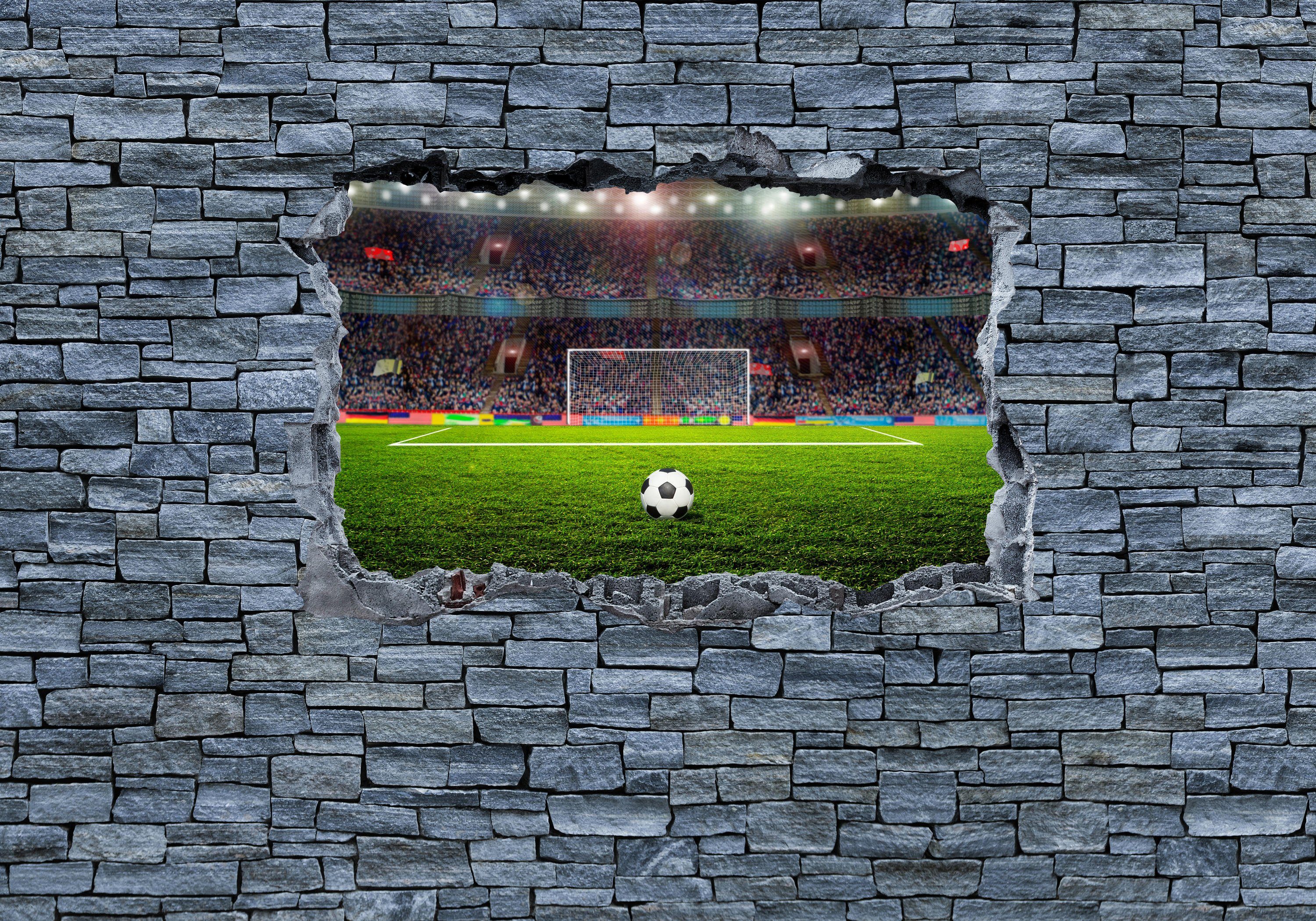 wandmotiv24 Fototapete 3D Fußballfeld - grobe Steinmauer, glatt, Wandtapete, Motivtapete, matt, Vliestapete