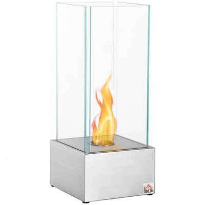 HOMCOM Echtfeuer-Dekokamin Ethanol-Kamin (Set, 1-St., 1 x Ethanol-Kamin; 1 x Handbuch), mit Bioethanol Brenner, Hartglas Silber 25 x 25 x 60 cm