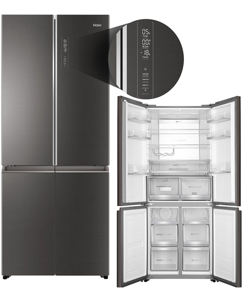 Haier Kühl-/Gefrierkombination Design Cube 4 Door HTF -508DGS7, 190 cm hoch,  83 cm breit, Total No Frost, MyZone, MySwitchZone, Daylight– LED, Iconic  Glas Grey, Durchgehender großer Kühlbereich für extra breite  Servierplatten, Tortenbehälter