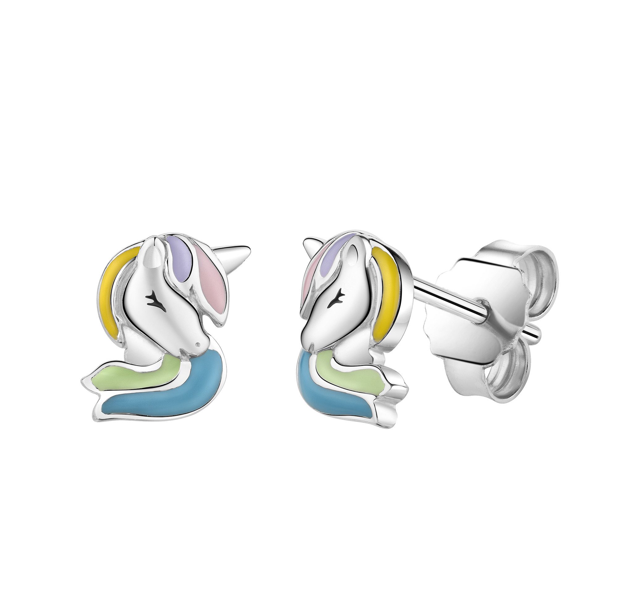 Zeeme Paar Ohrstecker Silber 925 rhodiniert mit buntem Einhorn-Motiv