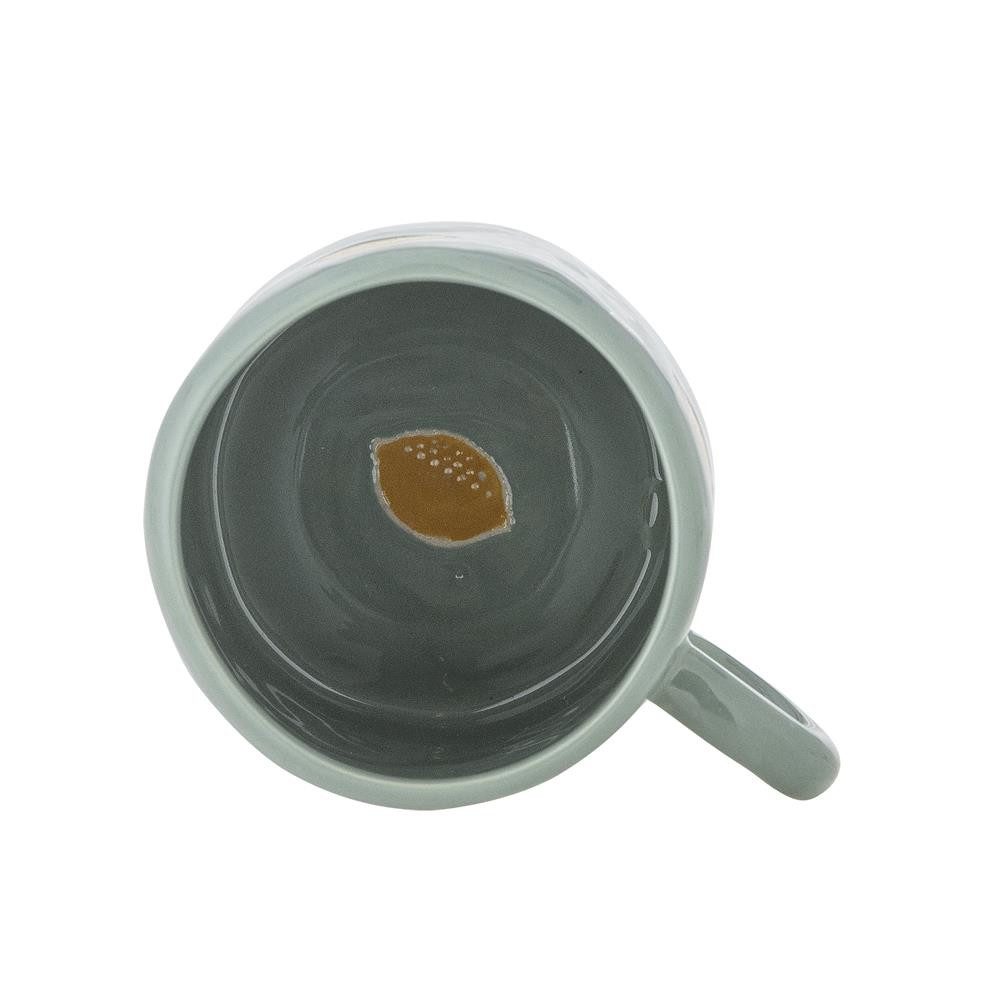 Bloomingville Tasse MINI Agnes Grün mit Zitronen, Steingut, Steingut, große Kindertasse, Teetasse, Unikat, Handbemalt, dänisches Design